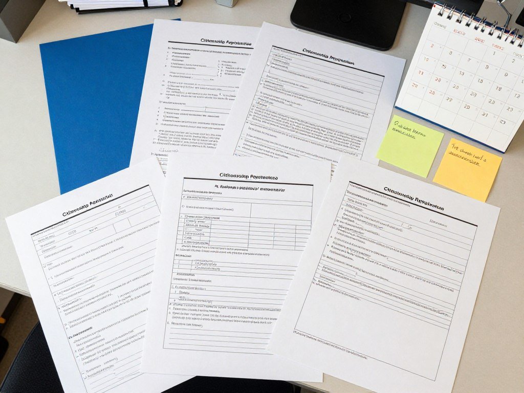 Organized U.S. citizenship application documents and calendar for becoming U.S. citizen successfully