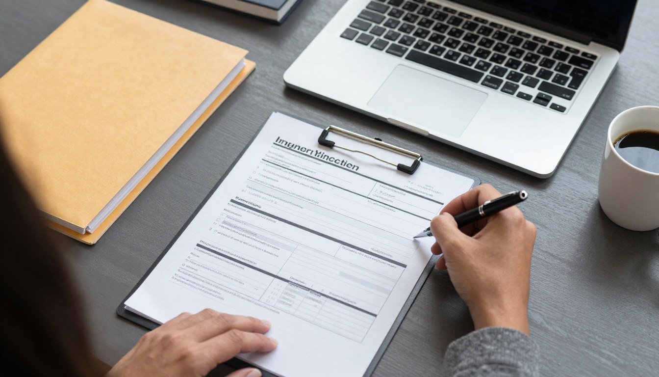 Person filling out immigration forms at desk with laptop and documents