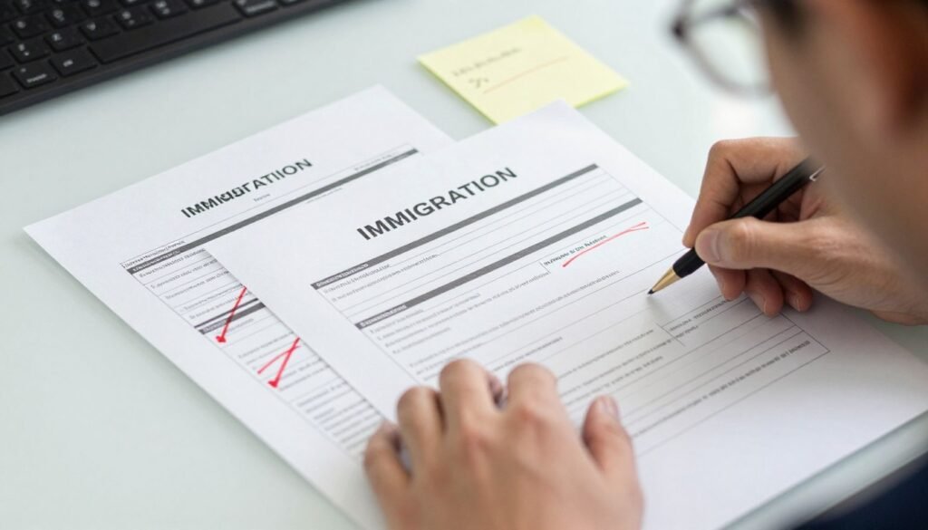 Person reviewing immigration forms with red error marks
