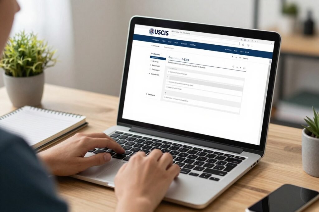 Person using laptop to access USCIS website for visa extension information