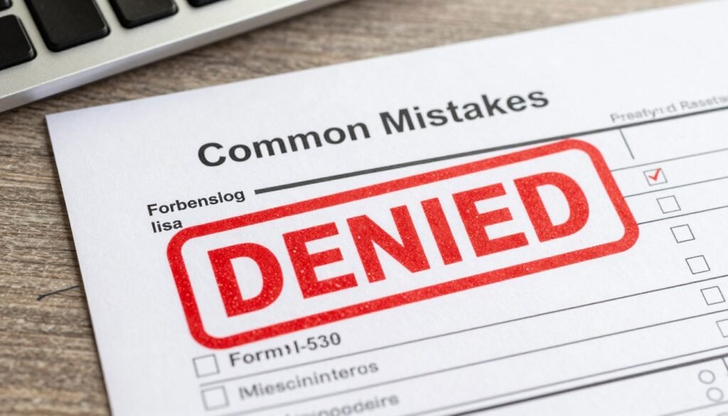 Red stamp showing visa extension denied with common mistake checklist