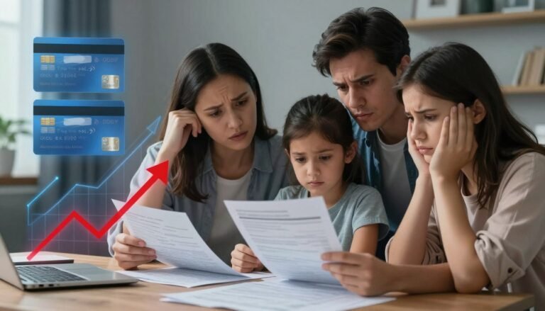 Rising household debt levels concept with financial charts and worried American families