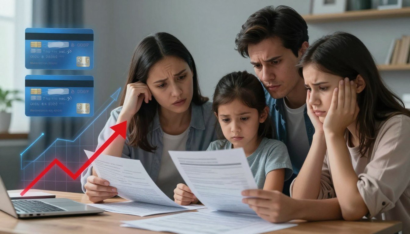 Rising household debt levels concept with financial charts and worried American families
