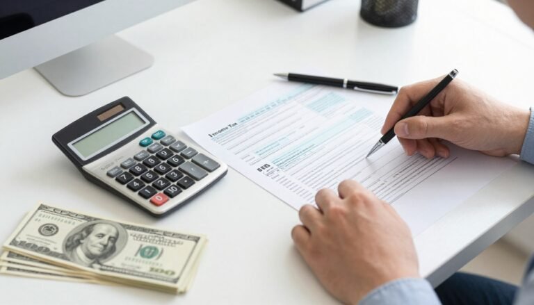 Sales Tax vs Income Tax comparison showing calculator and tax forms