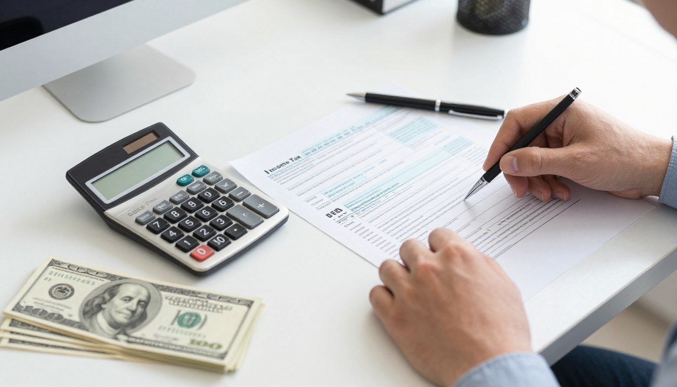 Sales Tax vs Income Tax comparison showing calculator and tax forms