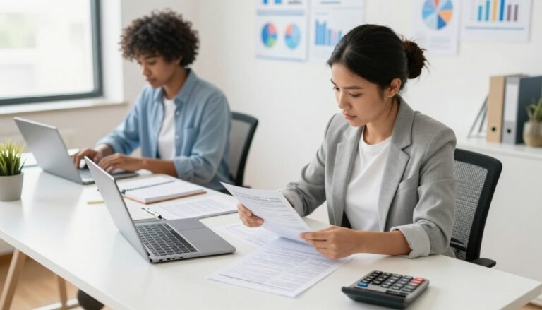 Small business owner reviewing LLC tax documents and forms at desk with calculator