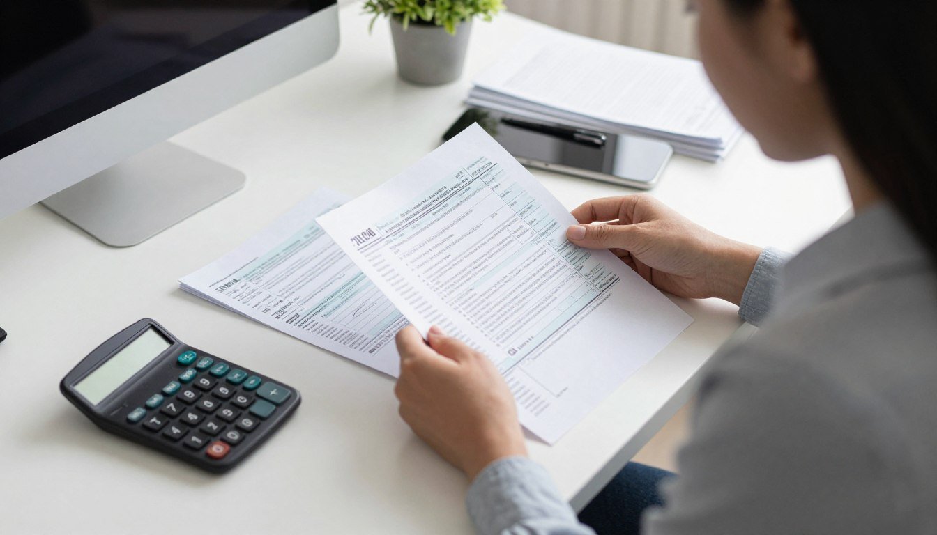 Small business owner reviewing tax deductions at desk with calculator and receipts