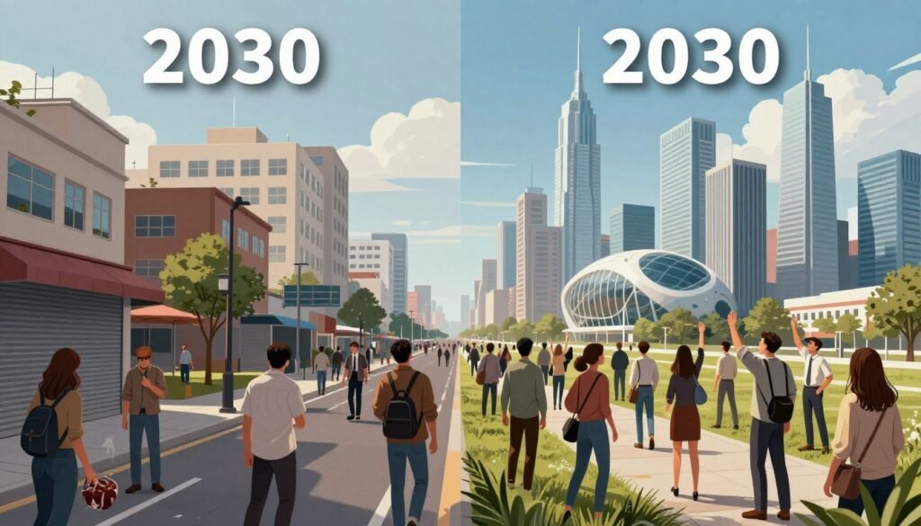 Split image showing two possible future scenarios for U.S. economy