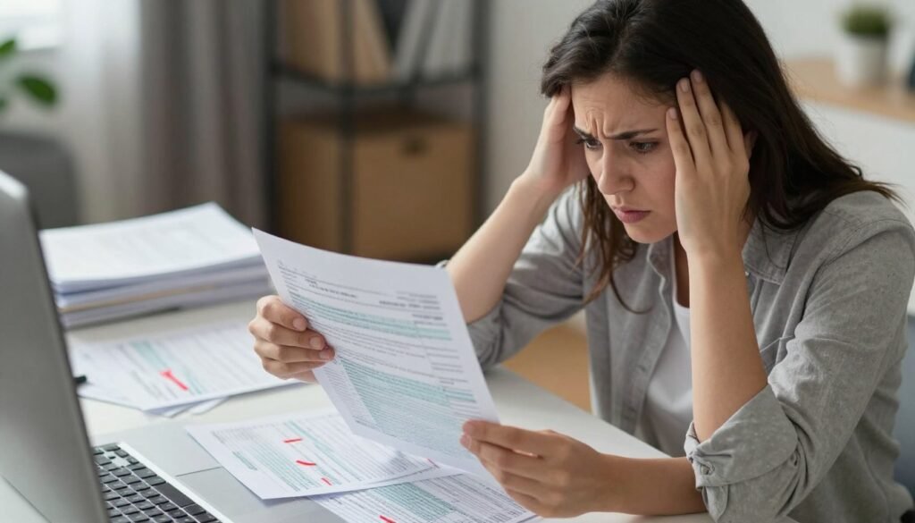 Stressed business owner reviewing confusing tax documents with errors