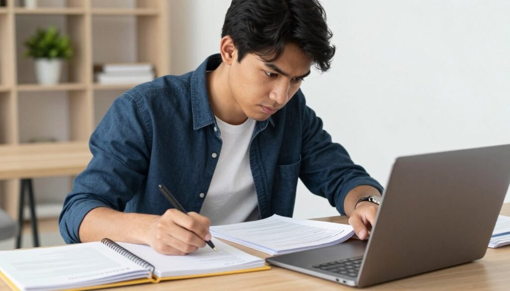 Student preparing visa documents and studying requirements