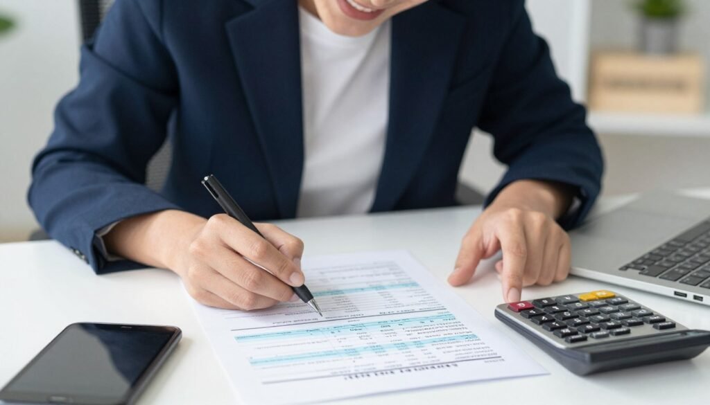 Successful small business owner reviewing financial statements showing tax savings