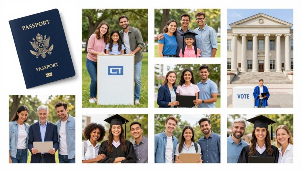 U.S. citizens enjoying rights and benefits of U.S. citizenship including passport and voting