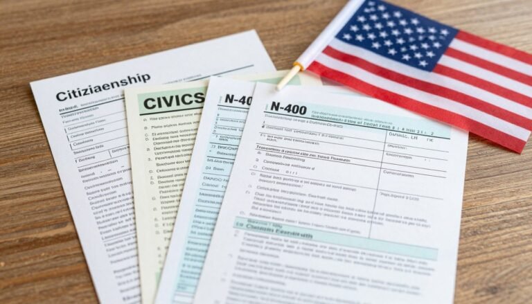 U.S. citizenship interview questions preparation materials with American flag