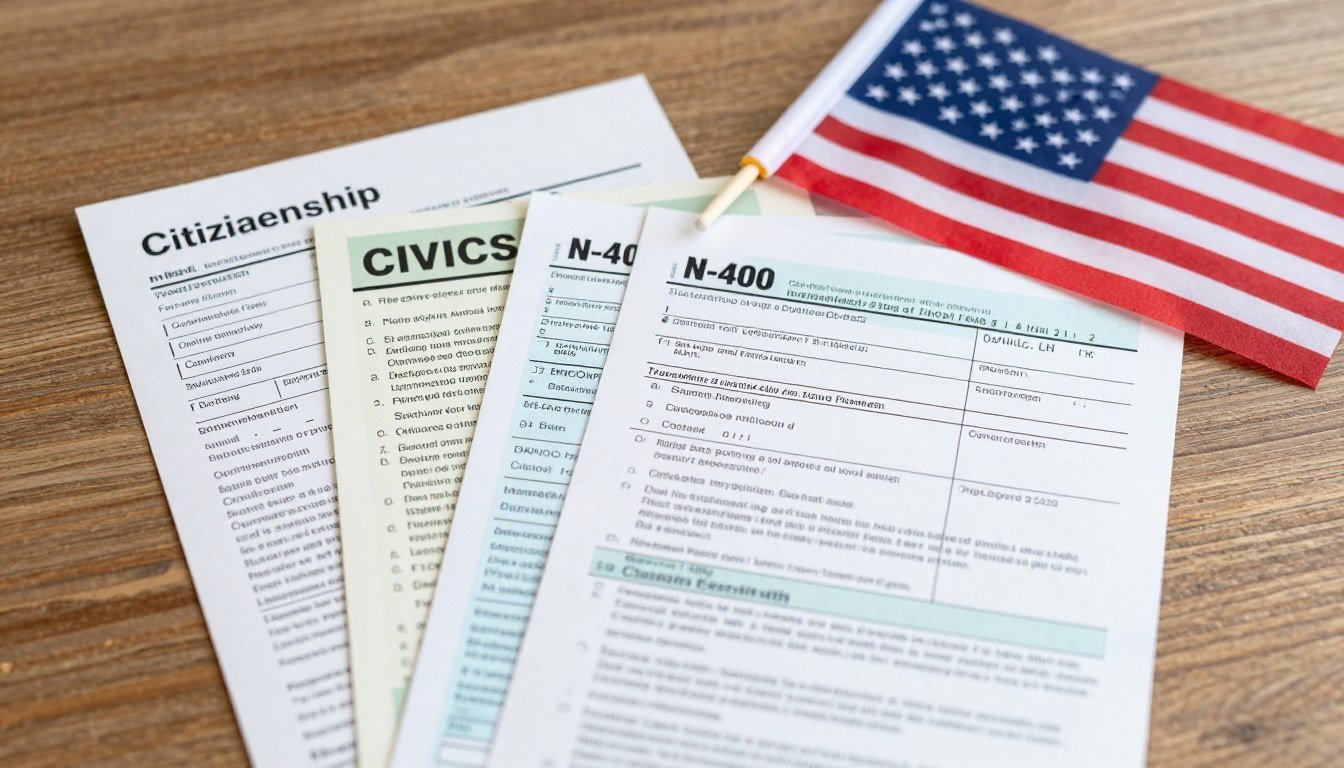 U.S. citizenship interview questions preparation materials with American flag
