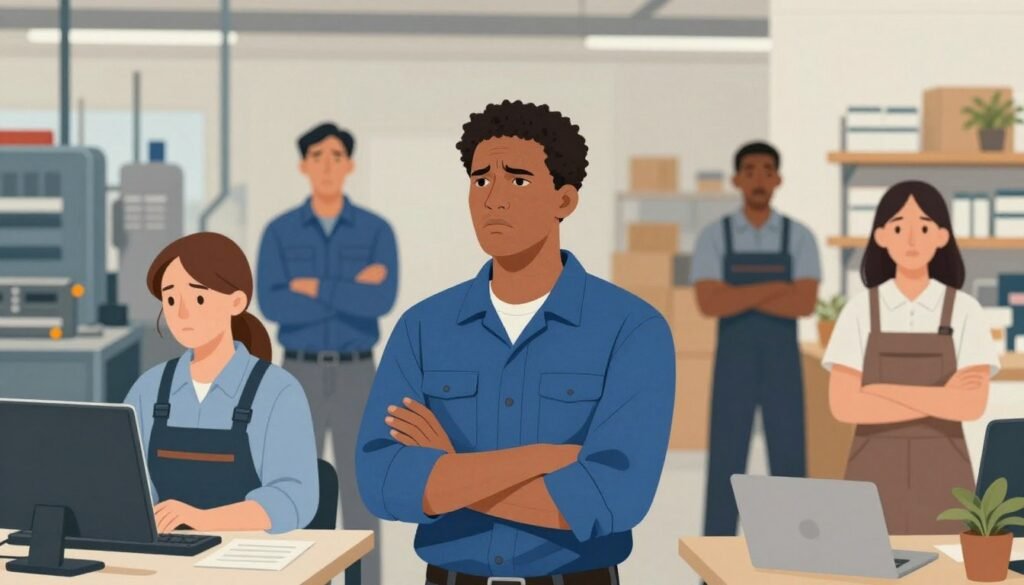 Workers in various sectors showing employment impacts and job security concerns