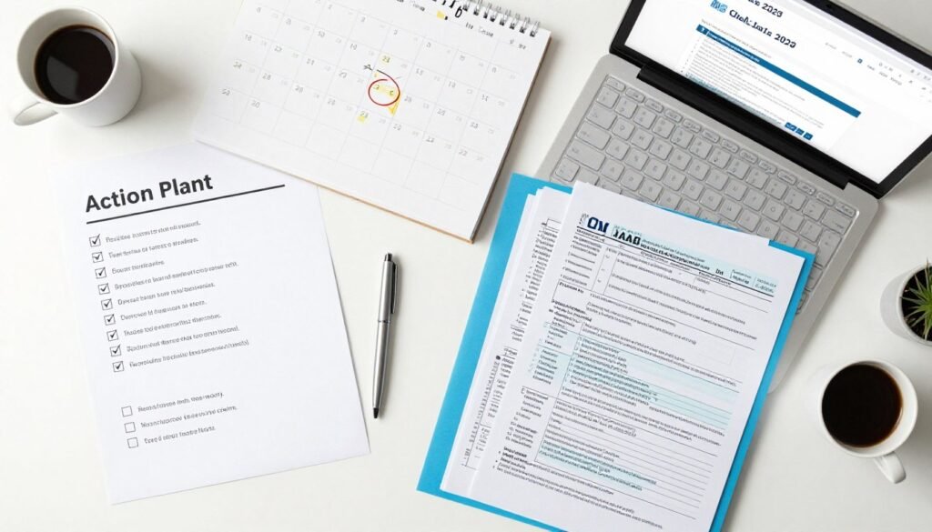 action plan checklist with calendar showing 2025 and preparation steps marked
