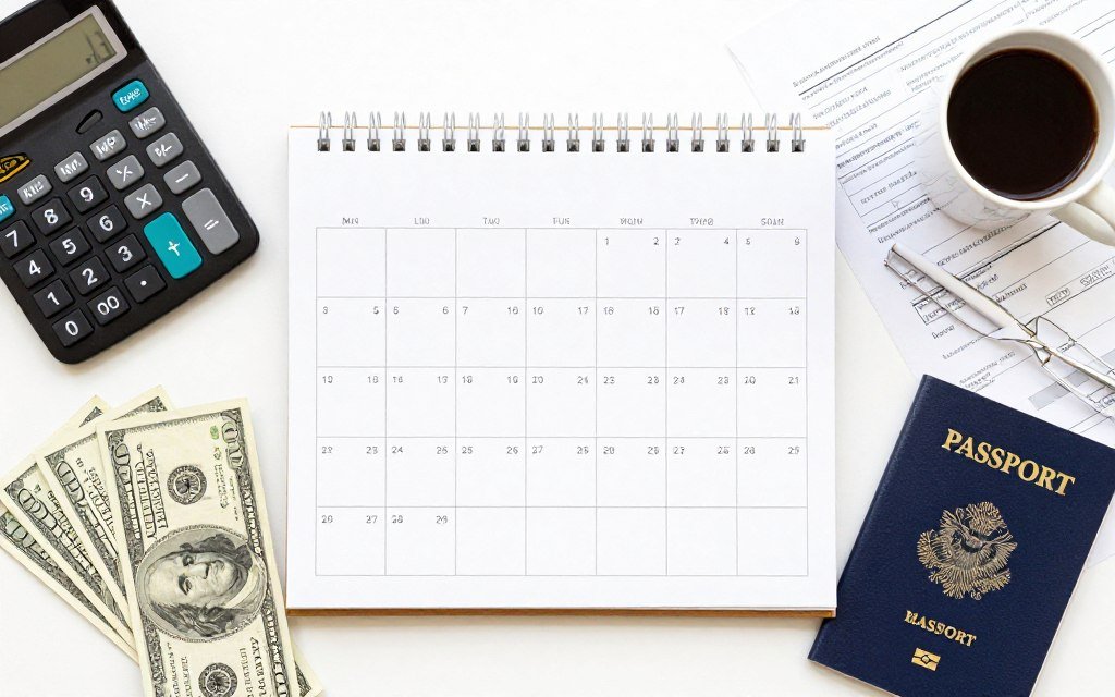calendar and calculator showing immigration costs and timeline