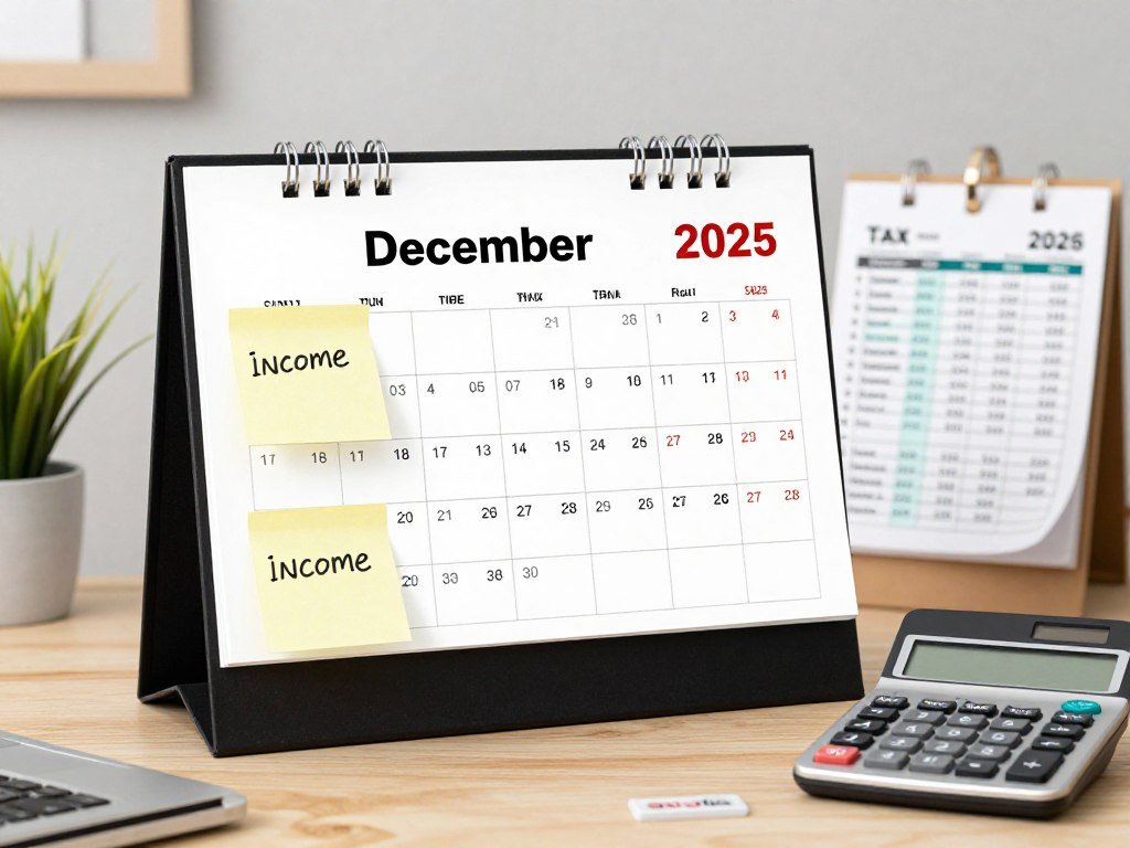 calendar showing 2025 marked with income timing and strategic planning notes