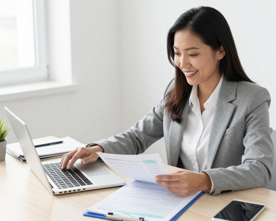 confident person finishing tax return on laptop