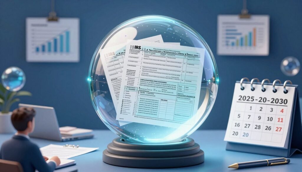 crystal ball with tax forms and calendar showing future years 2025 to 2030 symbolizing predictions