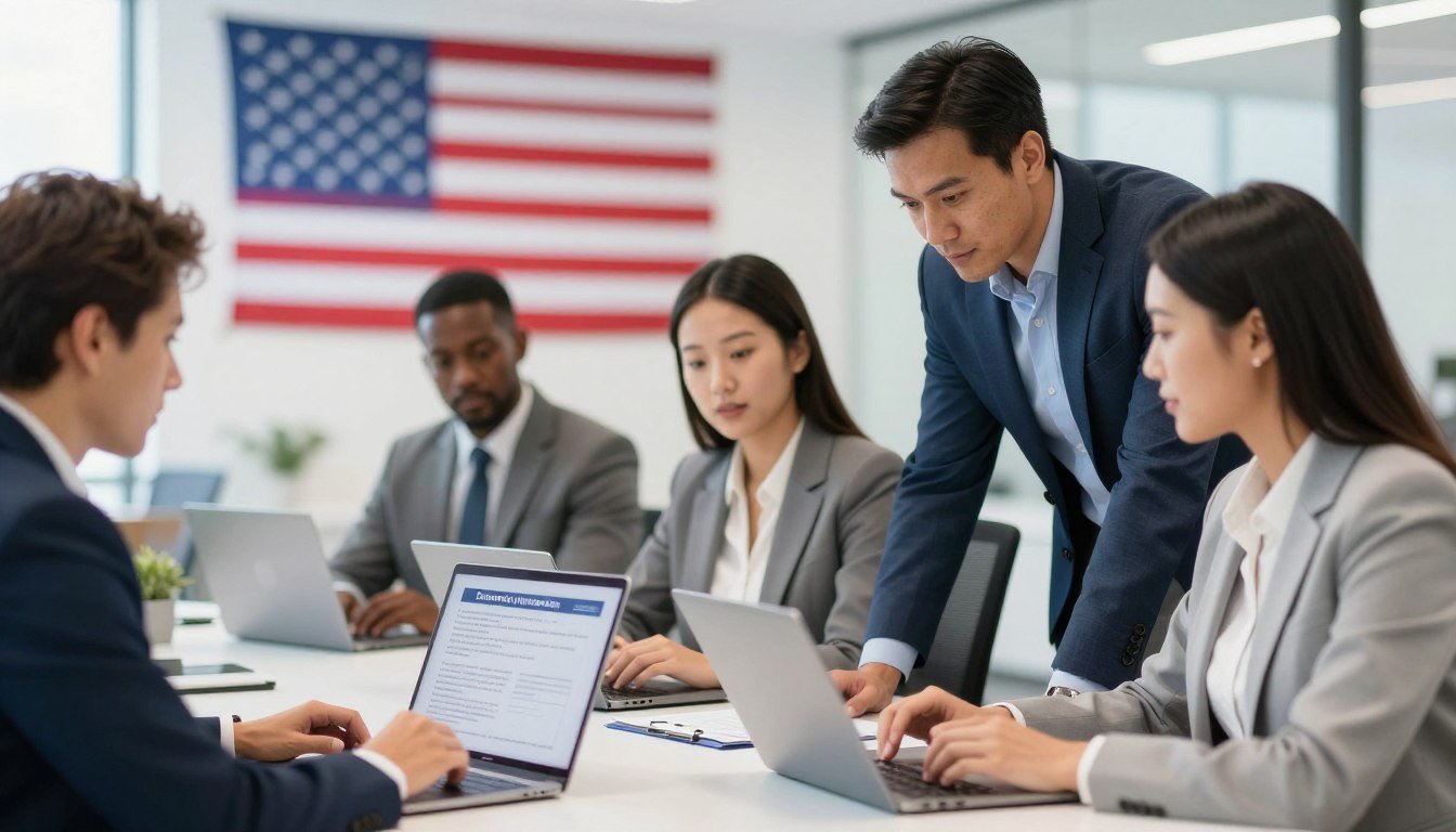employer sponsored immigration concept showing diverse professionals in modern office setting with American flag