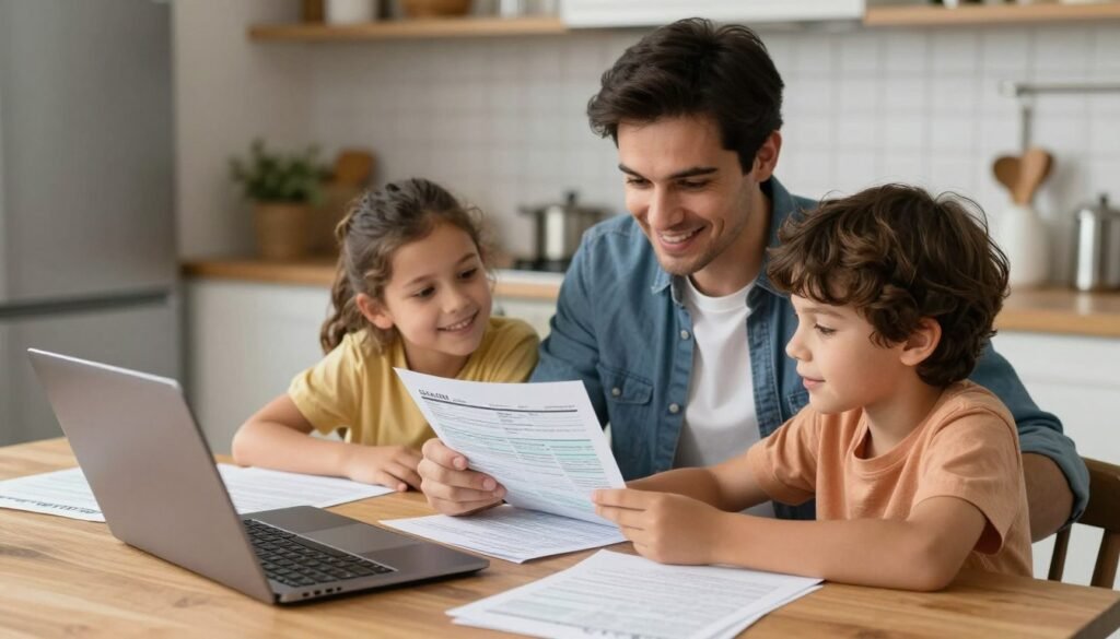 family reviewing tax documents together at home