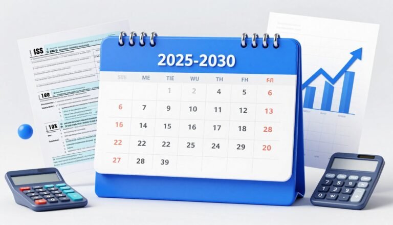 future US tax changes calendar showing 2025 through 2030 with tax forms and calculator