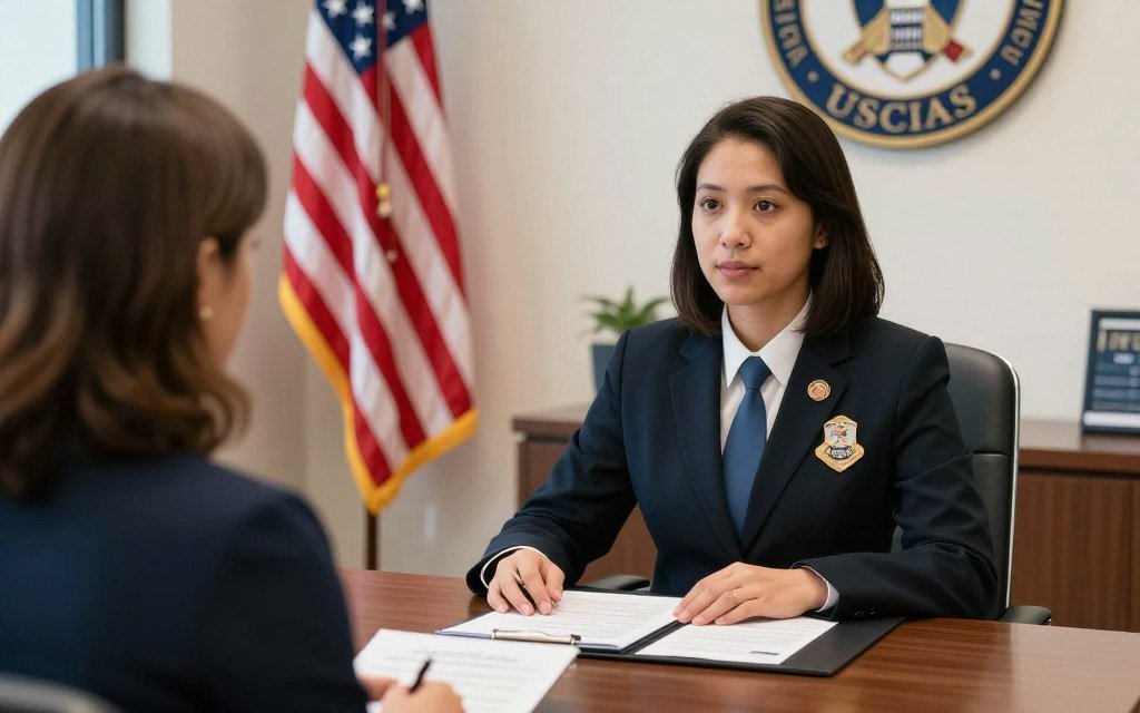 immigrant attending adjustment of status interview at USCIS office with immigration officer