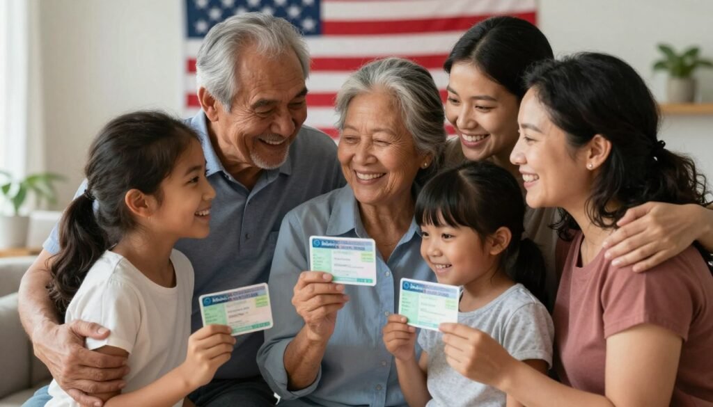 immigrant family celebrating green card approval together