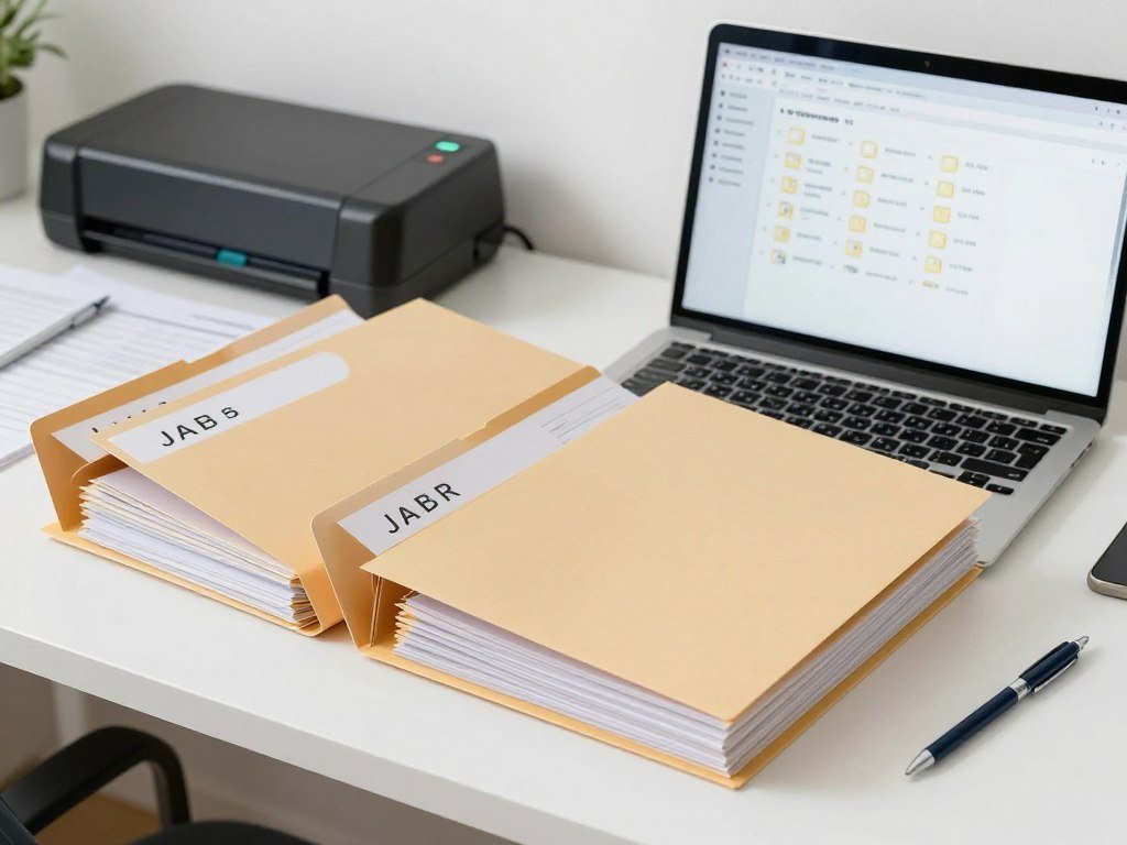 organized tax document filing system with labeled folders and digital backup