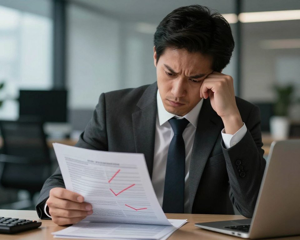 person looking stressed reviewing tax documents with errors
