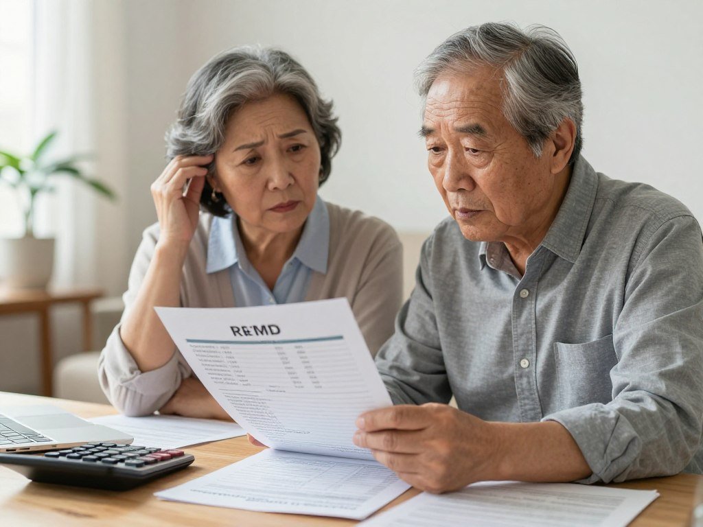 retired couple reviewing financial documents with calculator and retirement account statements