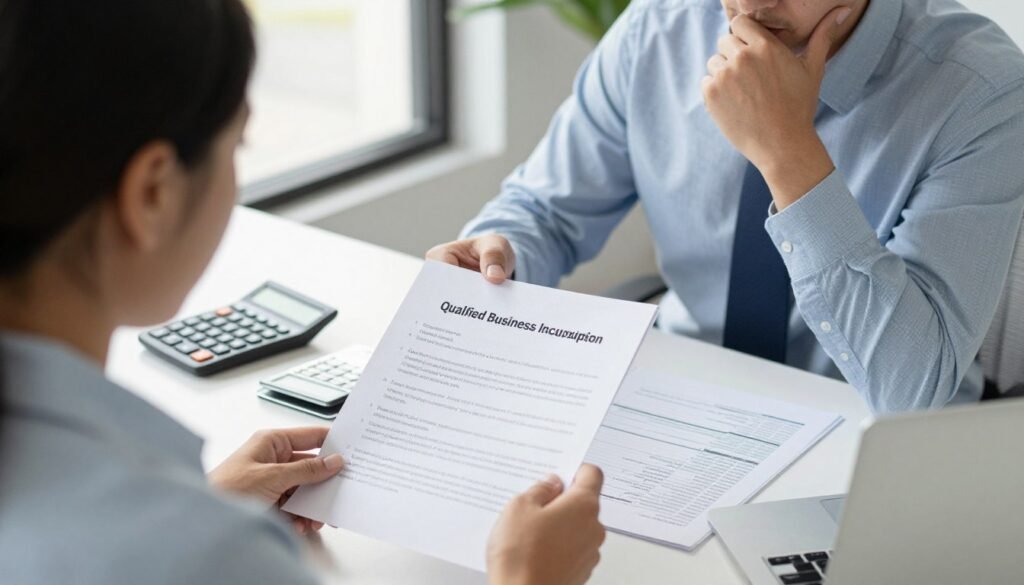 small business owner working with tax advisor reviewing qualified business income deduction documents