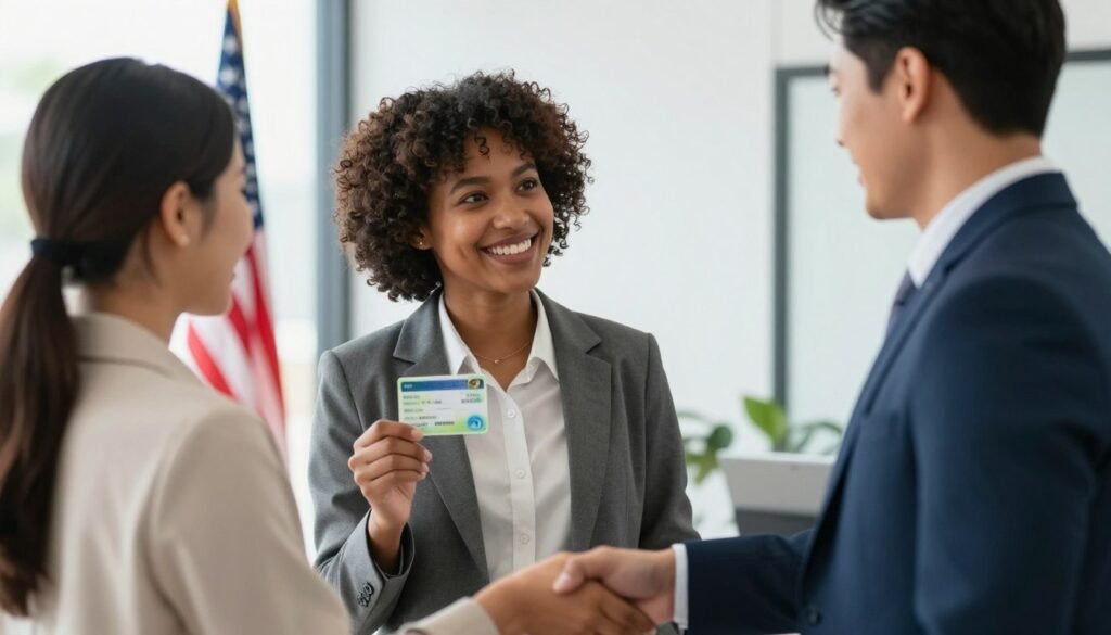 successful immigrant worker holding green card celebrating with employer in American office