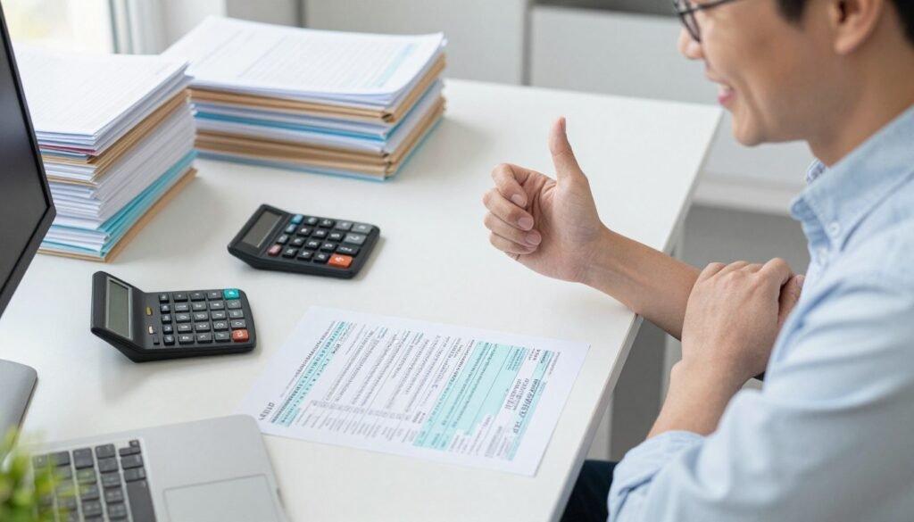 taxpayer confidently filing tax return with maximum deductions