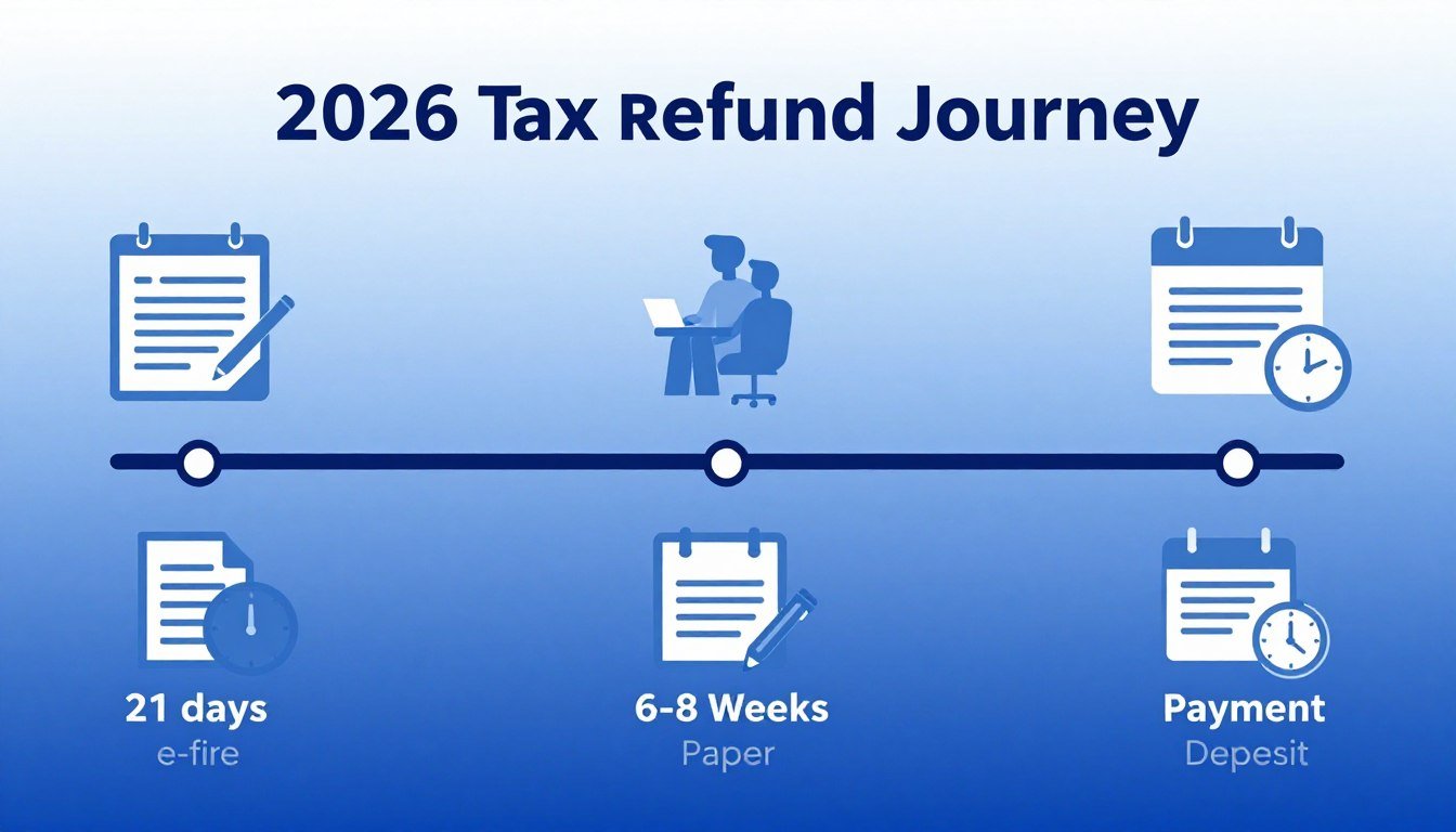 timeline graphic showing 2026 IRS tax refund processing stages