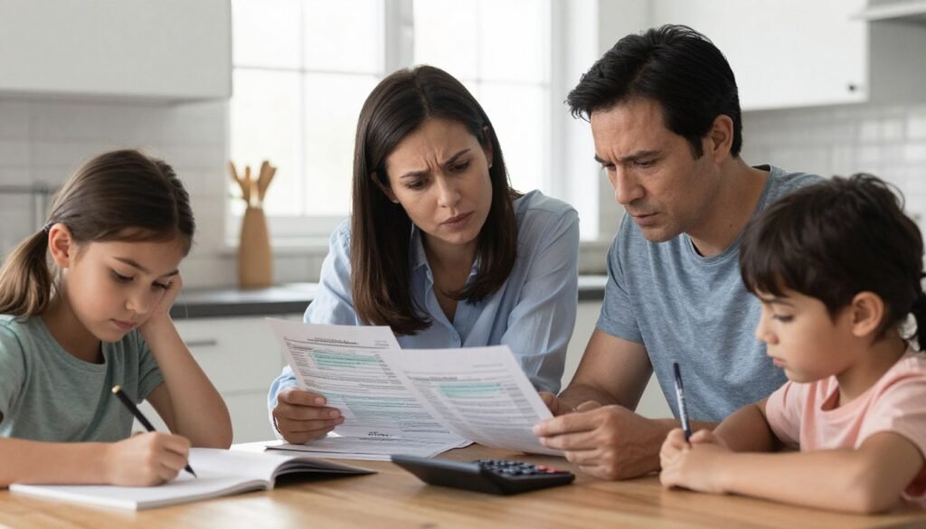 typical American family reviewing financial documents and tax forms together at kitchen table