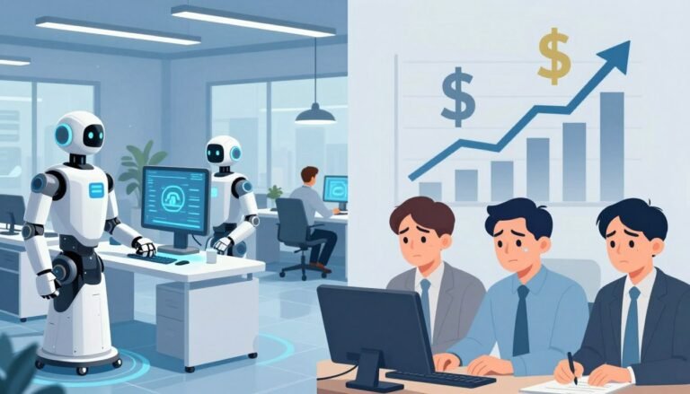 AI job displacement and economic inequality visualization showing automated systems replacing human workers in modern workplace