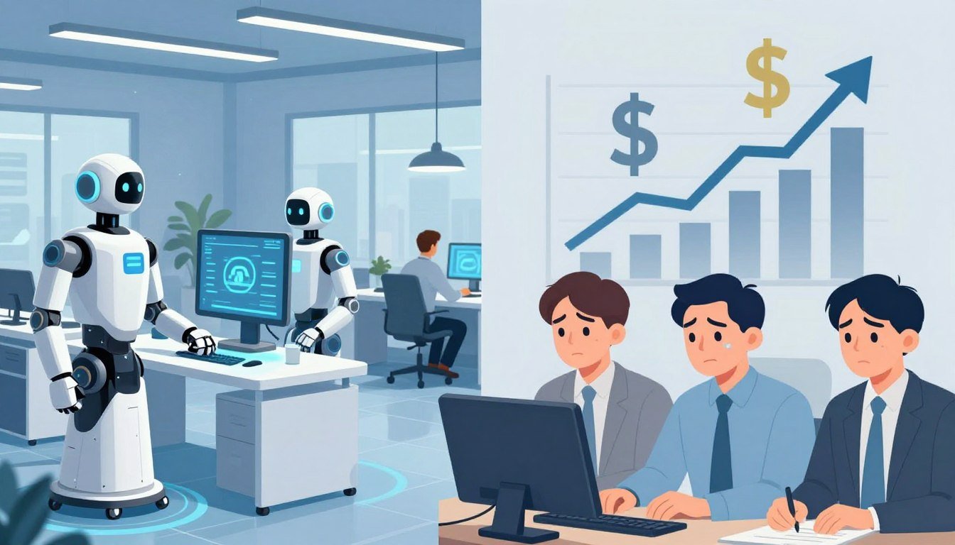 AI job displacement and economic inequality visualization showing automated systems replacing human workers in modern workplace