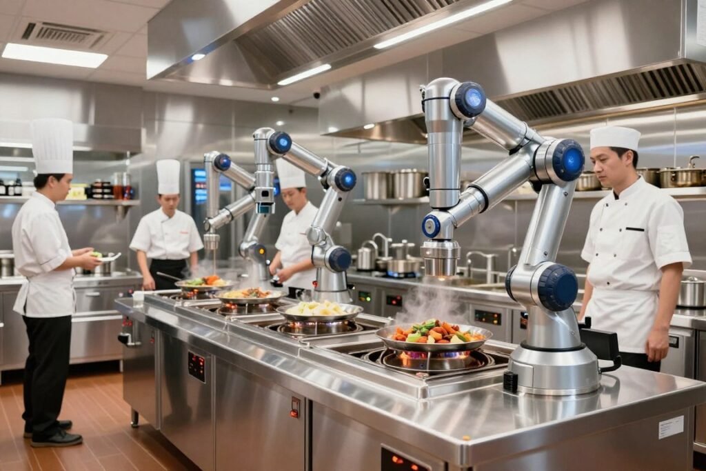 Advanced automated restaurant kitchen with robotic cooking systems and human supervisors