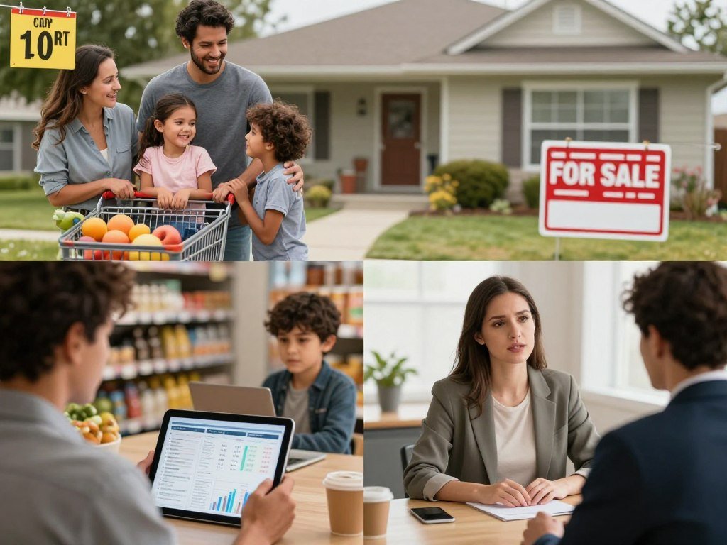 American families affected by inflation showing impact on cost of living, jobs, investments, and housing expenses