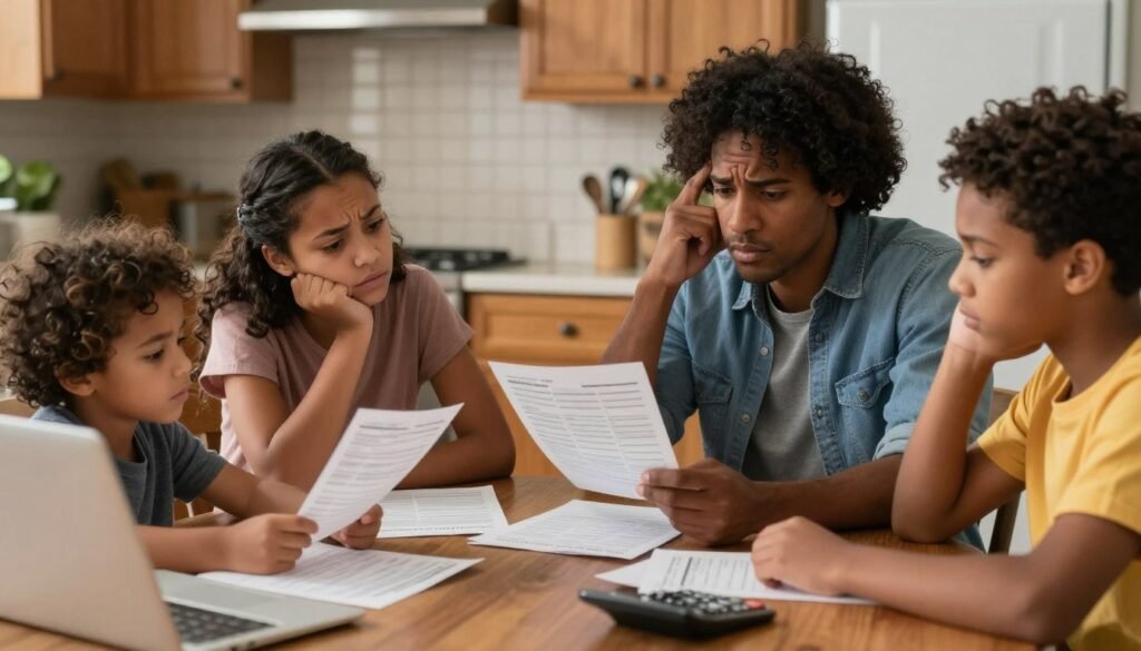 American family reviewing finances and budget concerns