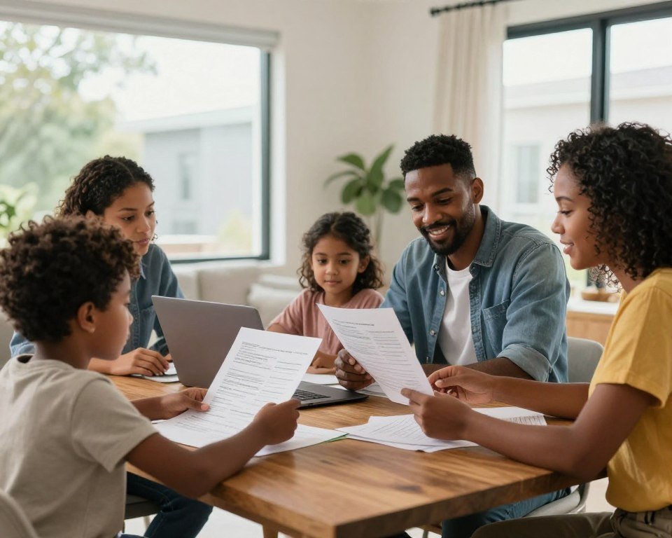 American family reviewing household budget and financial planning documents