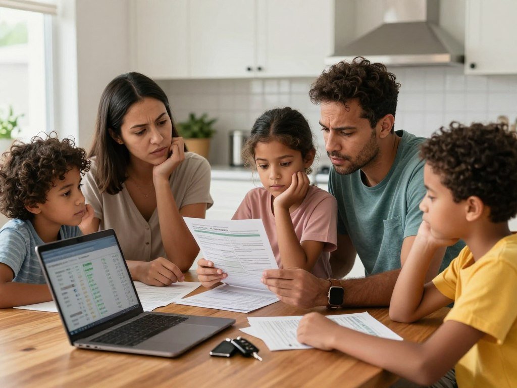 American family reviewing household budget with focus on energy and transportation costs
