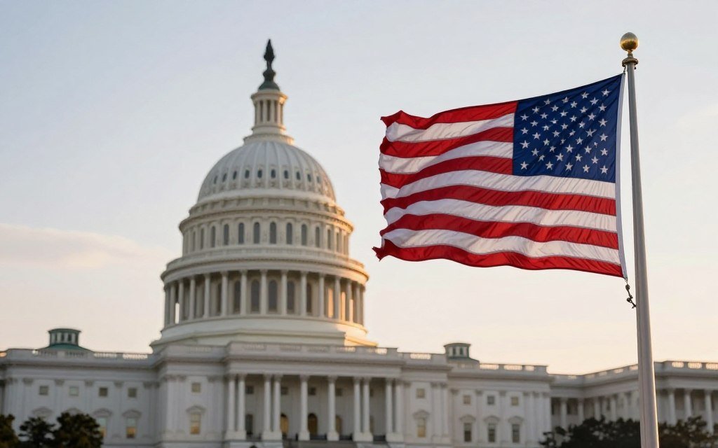 American flag with United States Capitol building reflecting hope for bipartisan debt ceiling solution at sunrise