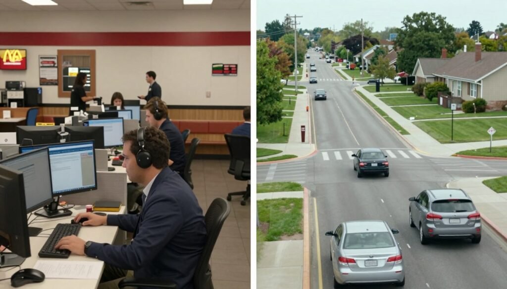 American lifestyle showing fast food culture and sedentary work environment