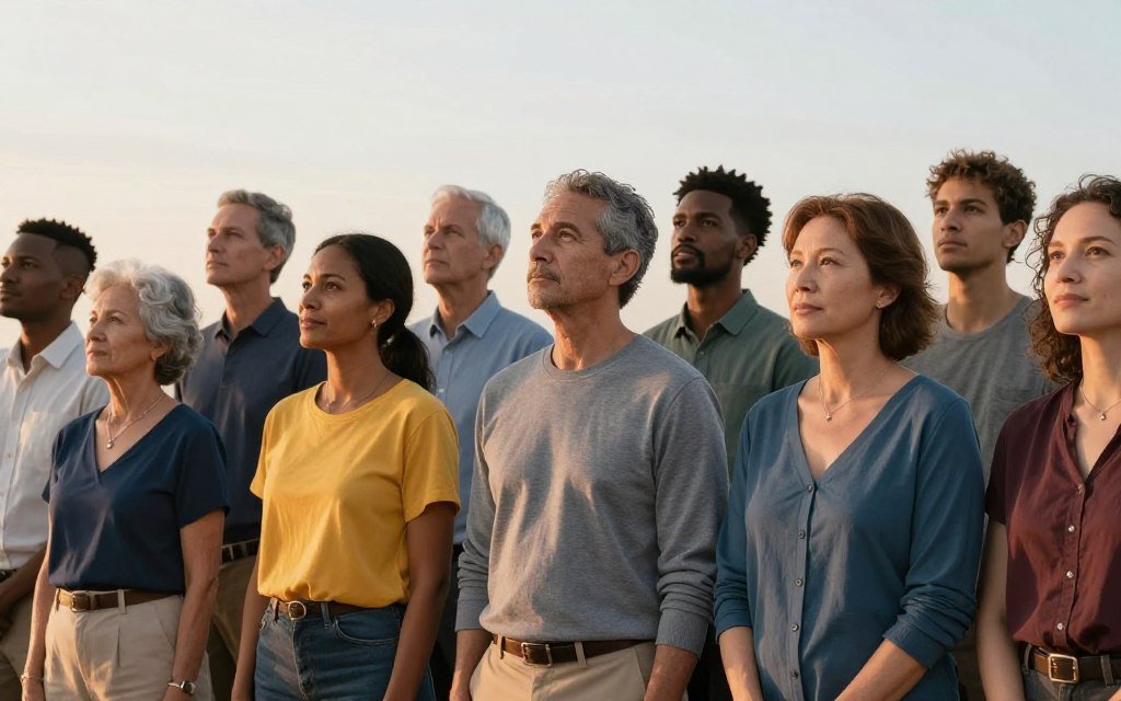 Americans from diverse backgrounds looking toward the future with determination