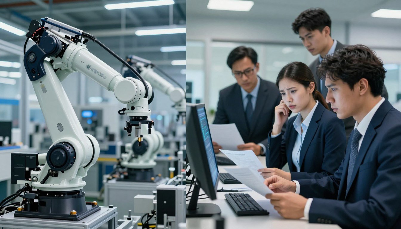 Automation and job displacement risks visualization showing robots and workers