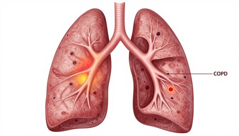 COPD (Chronic Obstructive Pulmonary Disease) medical illustration showing healthy and diseased lungs