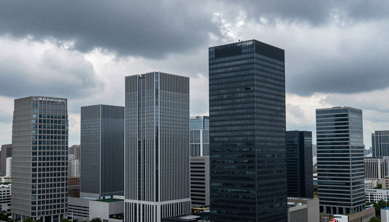 Commercial Real Estate Collapse Risk skyline with empty office buildings